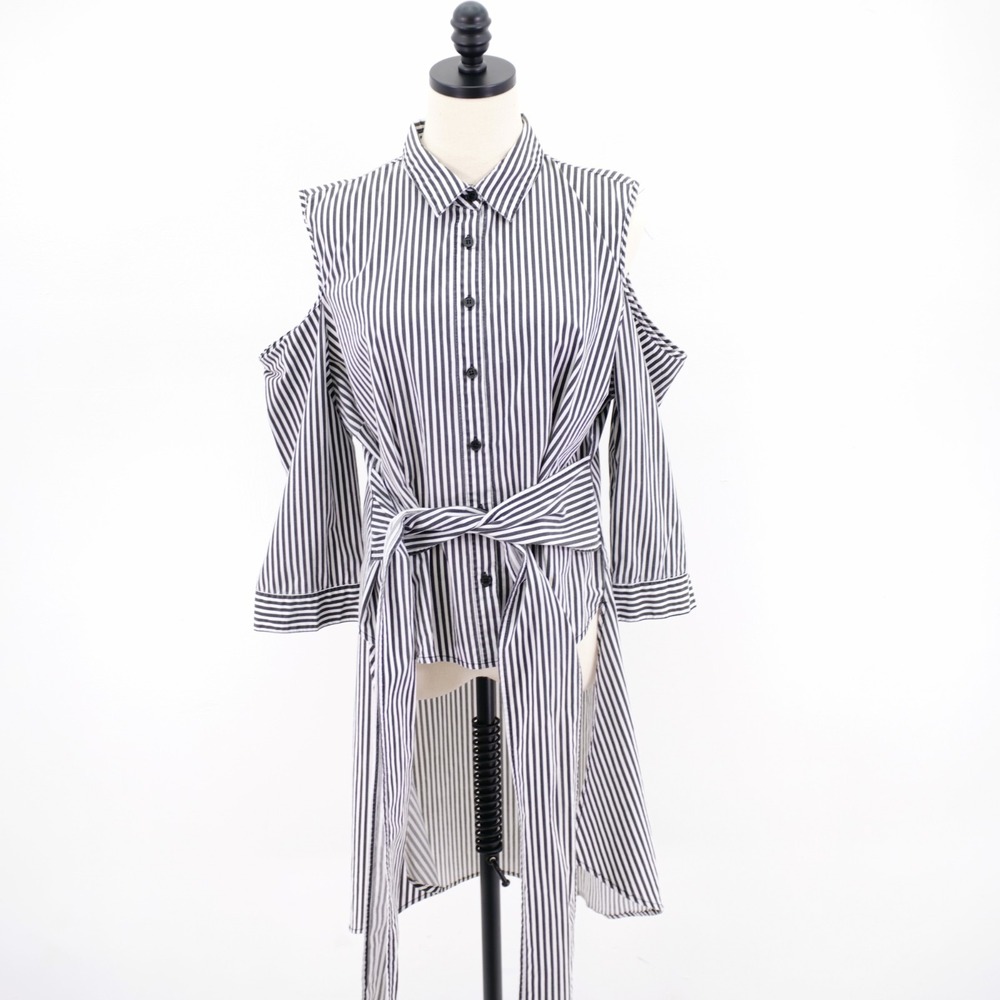 New York & Company XL Black White Striped Cold‎ Shoulder High Low Dress